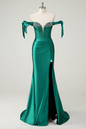Vestido de fiesta de lentejuelas de sirena verde oscuro con hombros descubiertos con abertura